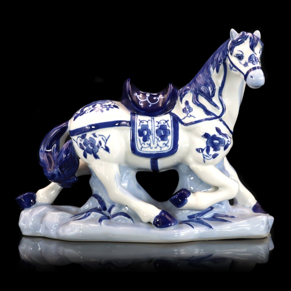 Horse Figurine Blue White Floral Porcelain Chinoiserie Decor 9" x 10.5"